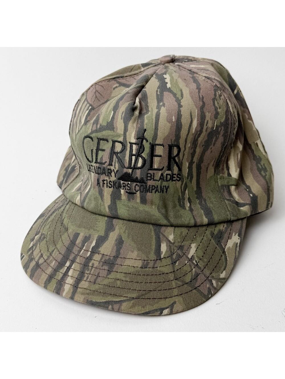 Vtg Gerber Legendary Blades Camo Cap Fiskars USA Made Snapback Hunting